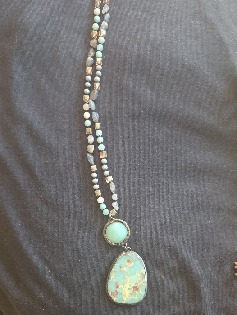 Turquoise Double Stone Pendant Beaded Necklace - Unknown Brand